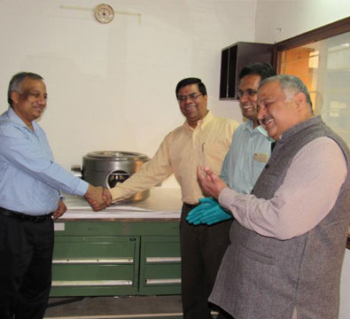 Official handing over of the first SSR1 single spoke resonator built by IUAC to Dr Shekhar Mishra from Fermilab (March 2015).